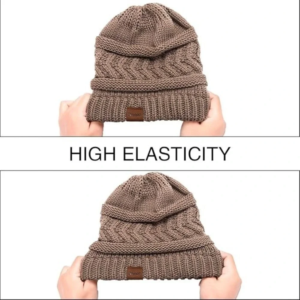 Ponytail Beanie for Women Winter Cap with Stretch Cable Knit Messy Bun Hat
